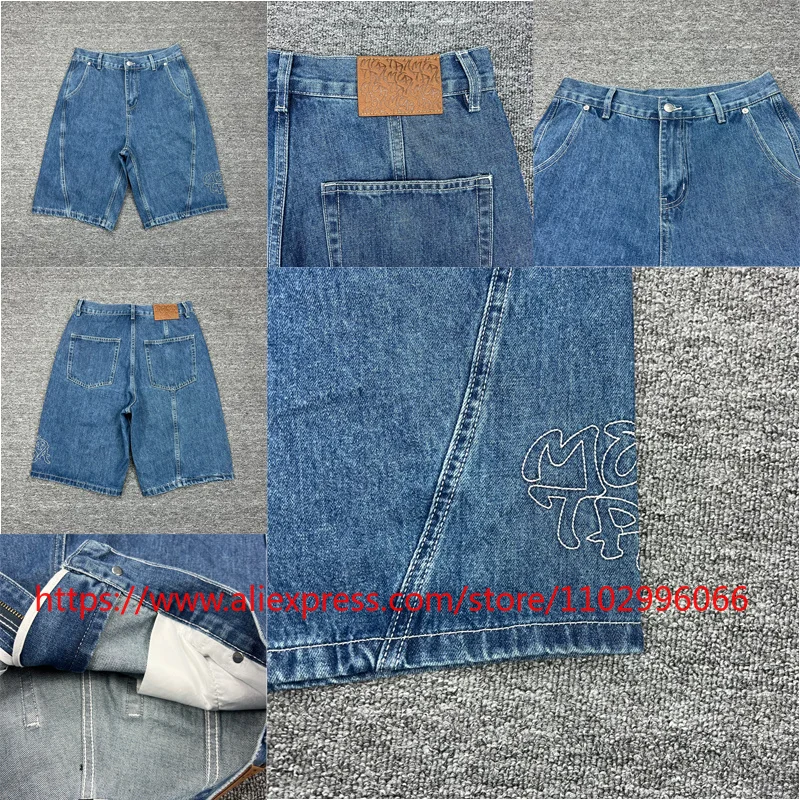 Real Shot Mertre Denim Shorts High Street Hip-hop Embroidery Pattern Print High-quality Pants in Stock