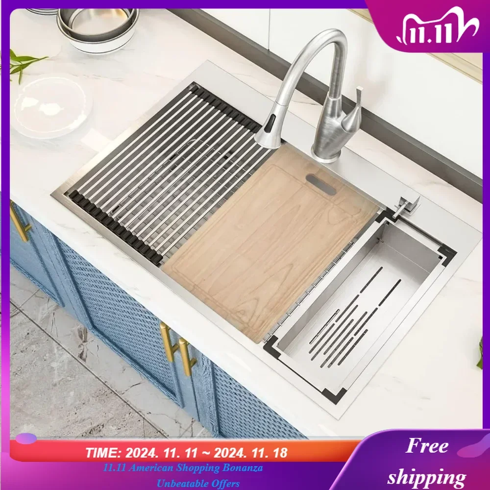 

33Drop in Kitchen Sink GhomeG 33x22inch 16 Gauge Stainless Steel Workstation Topmount Kitchen Sinks Single Bowl Drop In Kitchen