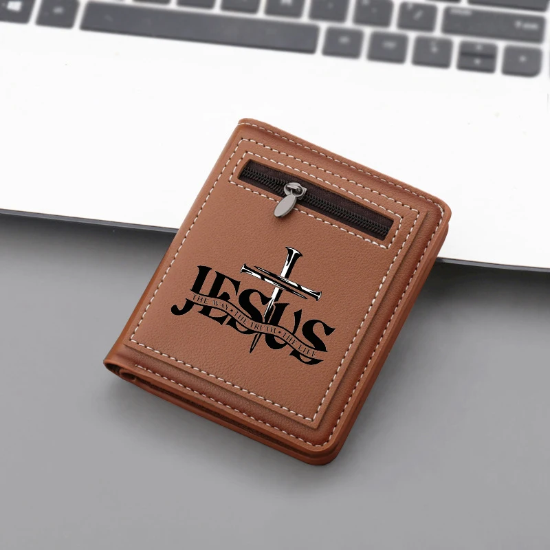 JESUS Men's Short Bifold PU Leather Wallet, Card Holder, Front Zipper Coin Pocket, Slim Casual Multi Card Slots Purse for Men