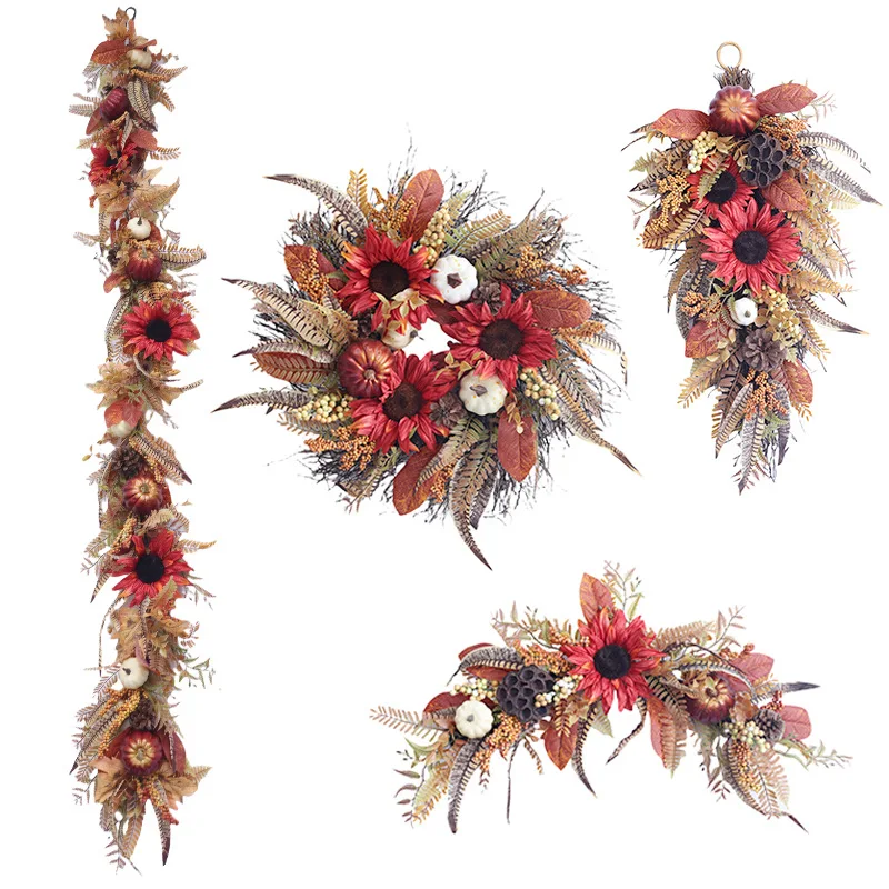 

Simulation wreath autumn maple leaf decoration sunflower vine wreath simulation wreath cross-border harvest festival berry ring
