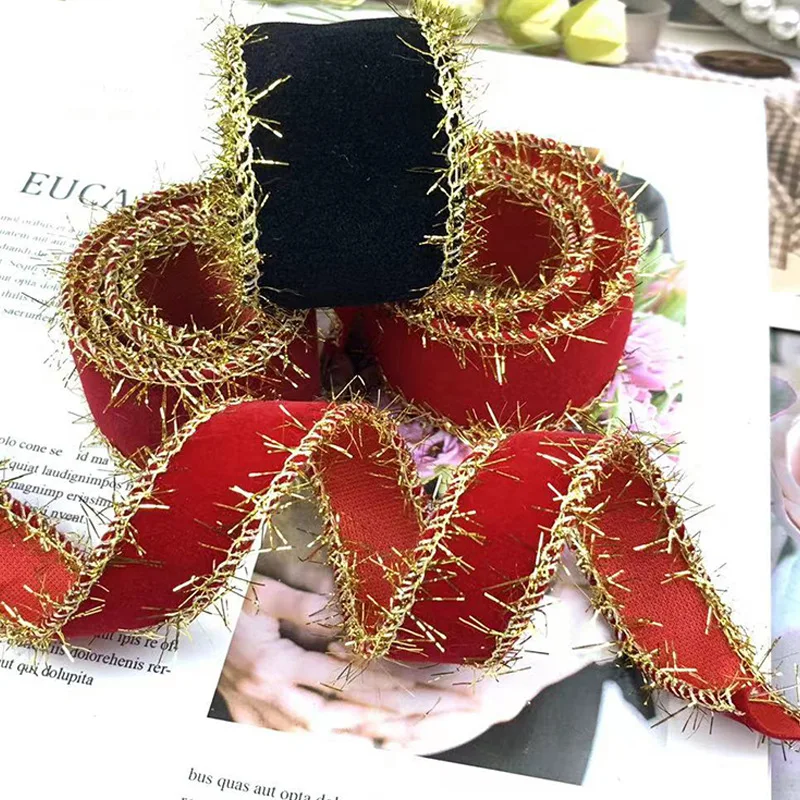 10 Yards 20MM/35MM Velvet Golden Thread Ribbon Hair Bows DIY Crafts Handmade Accessories New Year Decoration