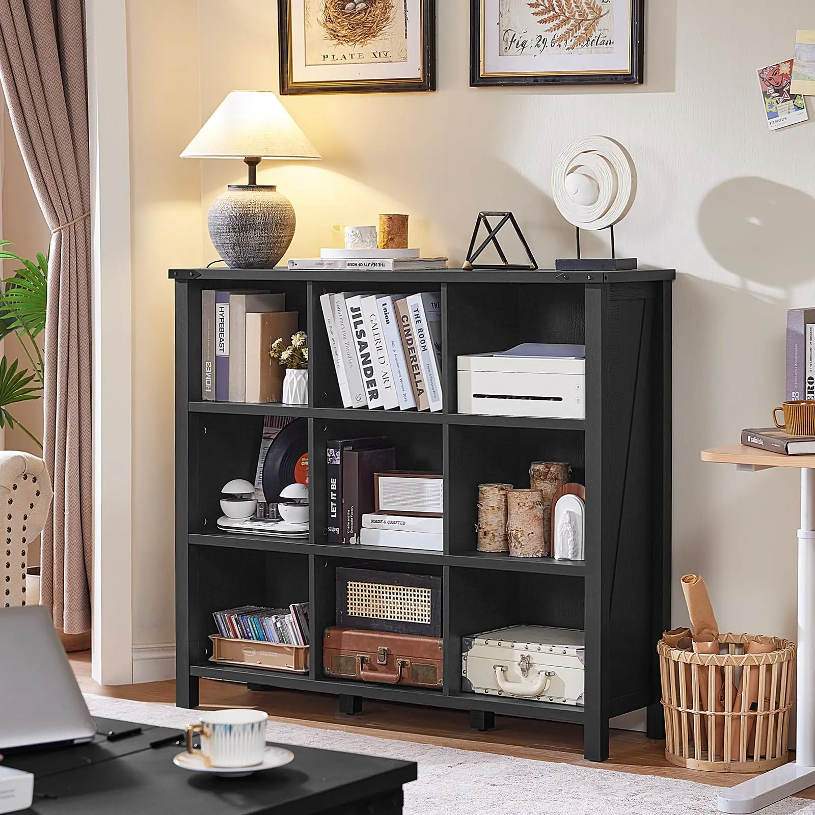 9 Cube Bookcase, Farmhouse 47 Inch Wide Black Bookshelf, Wooden 3 Tier Display Large Open Book Shelf, Vintage