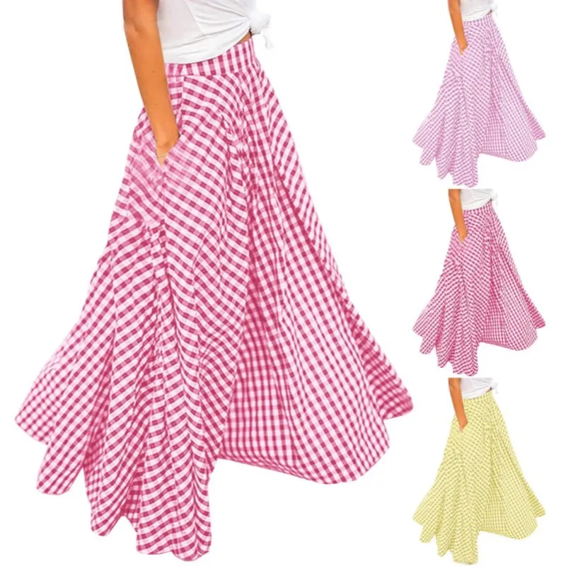 

Spring/Summer Elegant and Fashion Style Checkered Medium to Long High Waist Large Swing Skirt with Drop Feeling Half Body Skirt