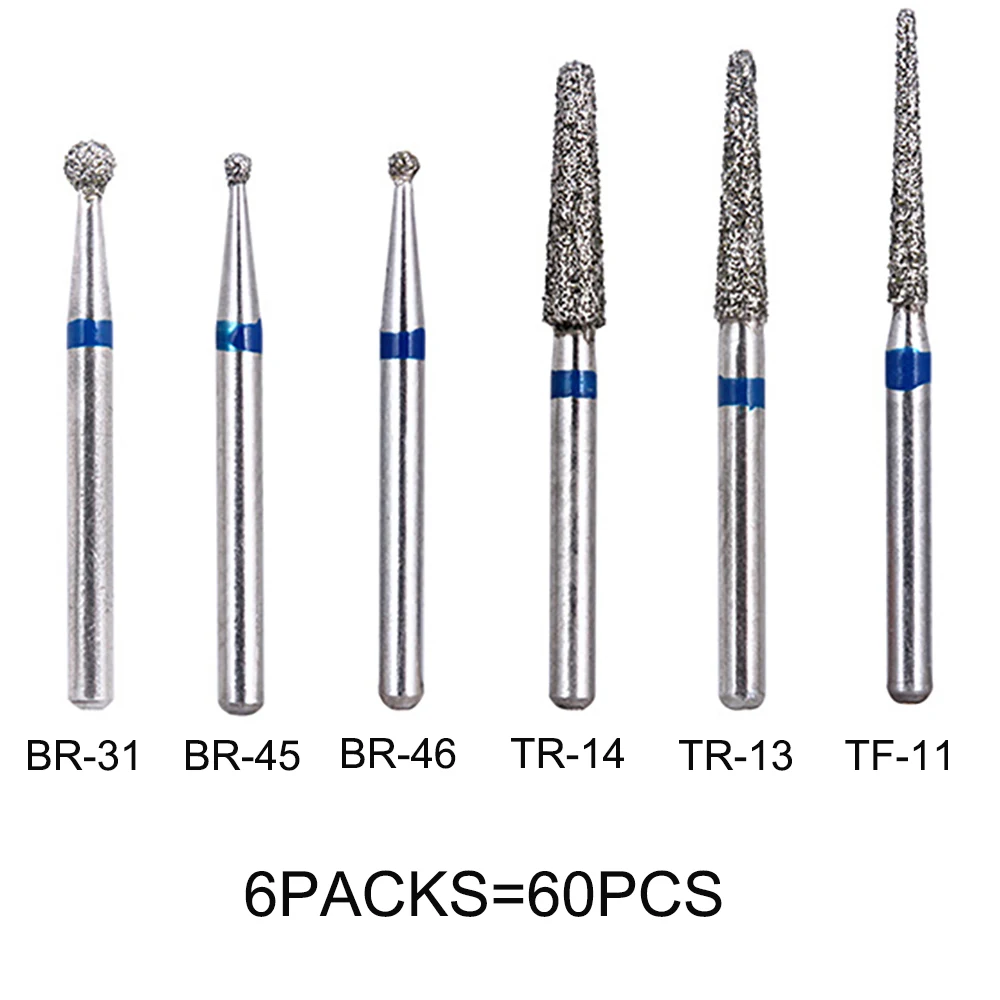 60 pcs Dental Diamond Burs Dentistry Lab High Speed Handpiece Handle Diameter 1.6mm Dentist Tools BR31 BR45 BR46 TR13 TR14 TF11