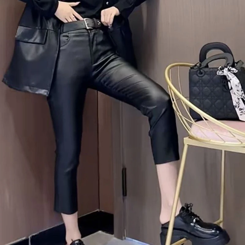 

Autumn new coated pants for women waist belt with rivets straight tube slim fit elastic nine point cigarette tube pants