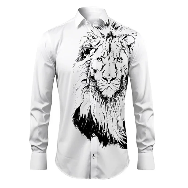 Simple New Style Men\'s Shirts With3D Lion Print Button Lapel Long Sleeves Loose Casual Comfortable Long Sleeves Clothing Shirts