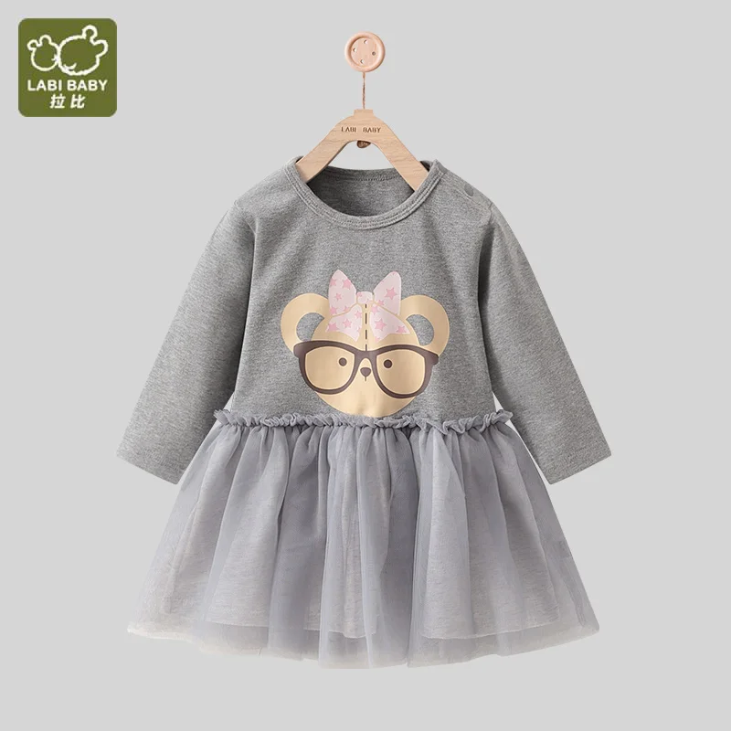 

LABI BABY Girls Dresses Autumn Long Sleeve Cotton Dress Princess Mesh Dresses Cartoon Casual Outfits Toddlers Girls Clothes