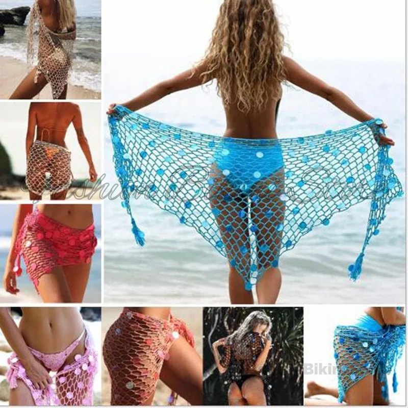 Knit Skirt Tunics, Sequined Crochet Bikini Cover up Sarong, Beach Cover-ups Wrap, Women Swimwear Shawl Towel Blouse Tops