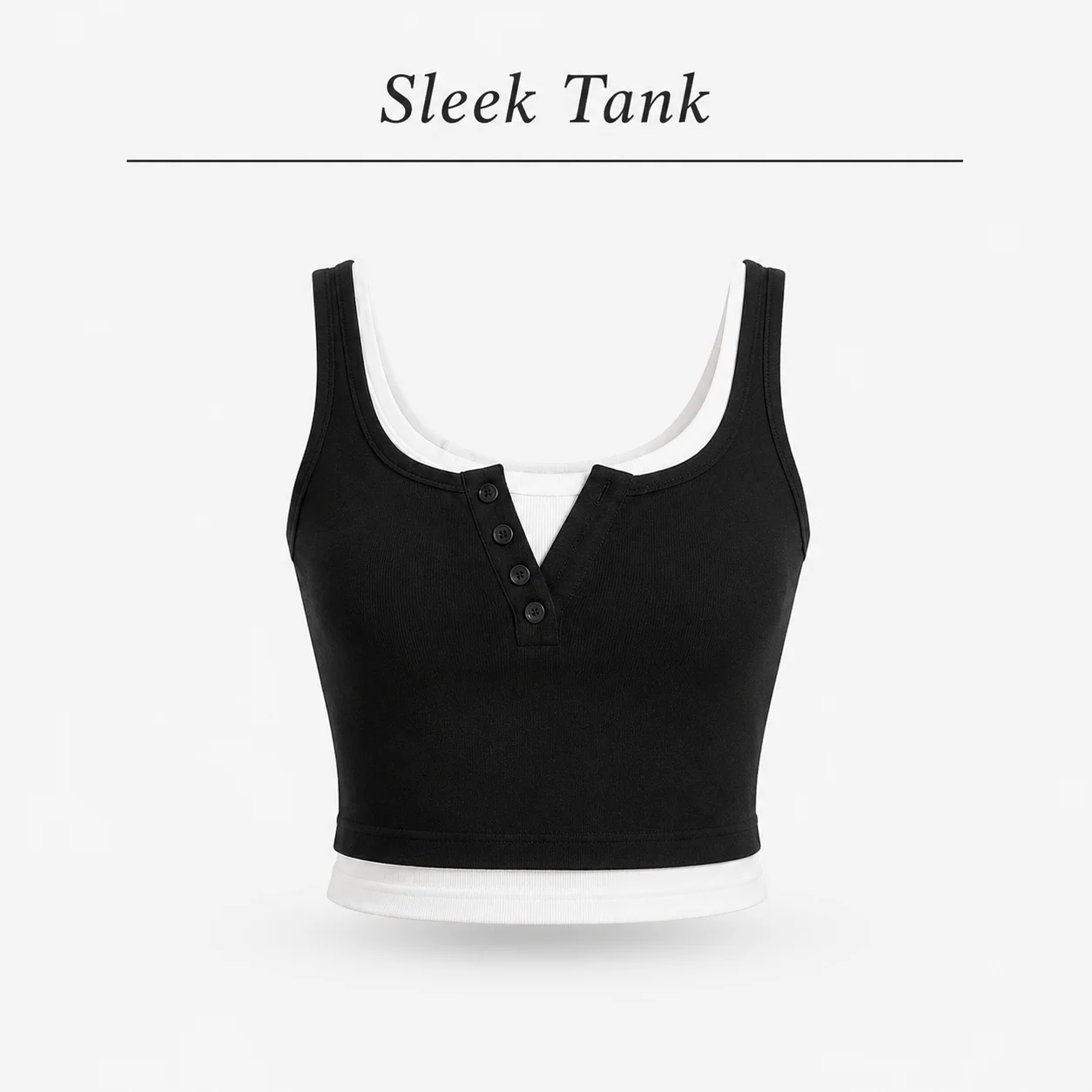 Women's Ribbed Slim Fit Camisole Featuring Layered Contrast Double Straps Square Neck and Front Henley Button Detail