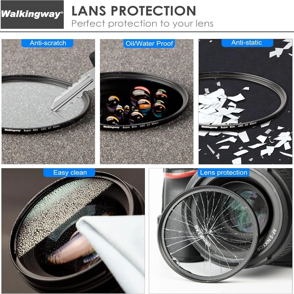 Walkingway UV 52Mm 77Mm Lọc Cực Tím Bảo Vệ Ống Kính 49 55 58 62 67 72 82 Lọc Cho Canon Sony Nikon