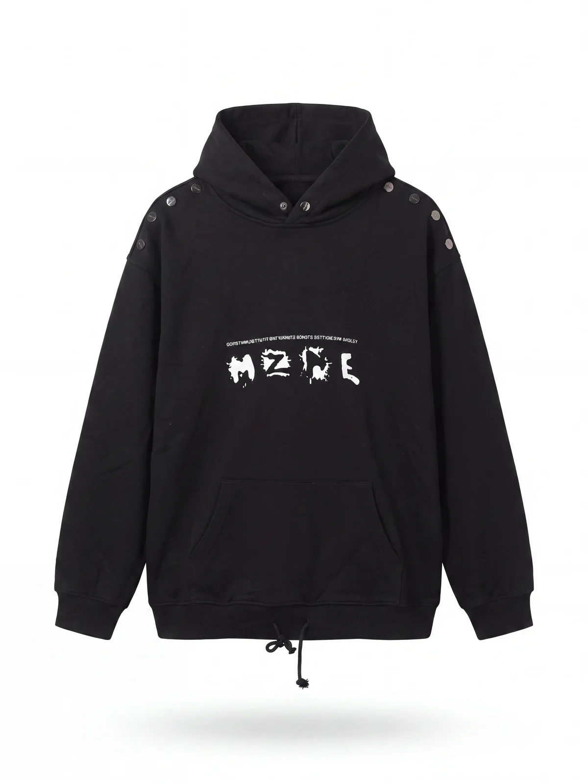 MAZZONNE Men's Black Cotton Graphic Hoodie Pullover Sweatshirt with Metal Shoulder Hardware and Kangaroo Pocket Streetwear H