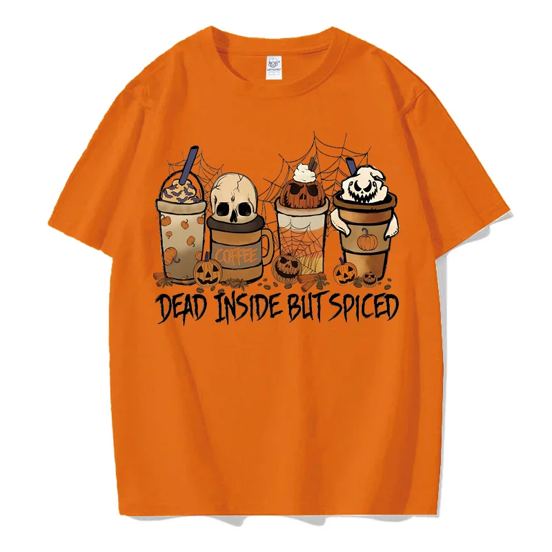 Halloween Pumpkin Coffee Latte Drink Cup Spice Men Women Camisa T-shirt Daily Girl Y2K Harajuku Tee Tops Female Sreewear Clothes