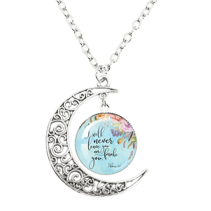 Give Thanter with A Grateful Heart Bible Verse Faith Quote Moon Necklace Dome Glass Pendant Flower Simple Style Jewelry