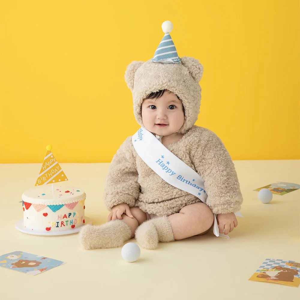 Lovely Bear Costume Wool Knit Baby Jumpsuit Birthday Bear Hat Socks 3pc/Set Photography Outfits Studio Photo Shoot Clothes Props