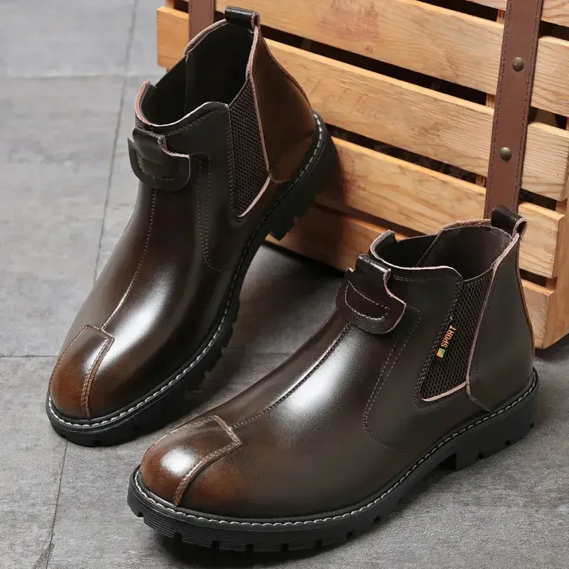 

Кожаные мужские туфли челси без шнуровки с высоким берцем, модные 2024, элегантные мужские повседневные ботинки для взрослых, легкий размер 45, дизайнерский тренд из искусственной кожи