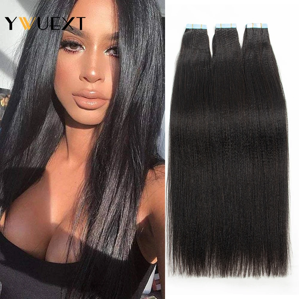 

YWUEXT Light Yaki Straight Tape In Human Hair Extensions Natural Black 12"-26" Remy Hair 20pcs per pack Invisible Tape Hair