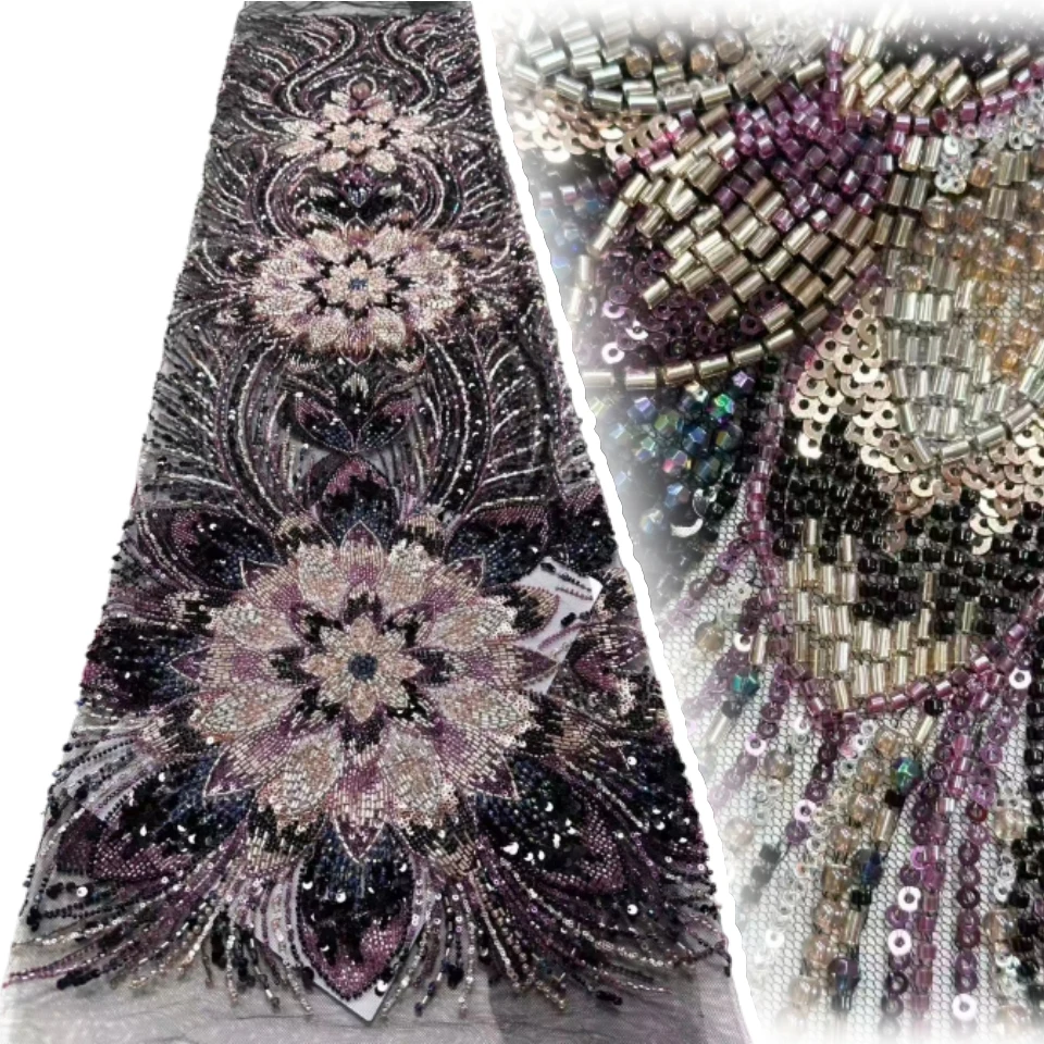 

French Mesh Bridal Lace Fabric Beads African Sequins Lace 2026 Hot Sale Nigerian Beads for Women Wedding Dress 5 Yards 1817