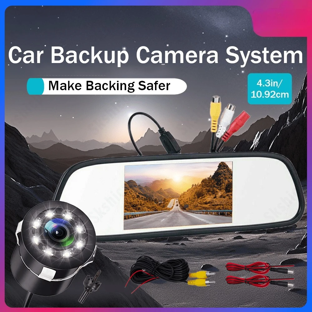 Universal Car Reversing Camera with 8 LED Lights and 4.3-inch Rearview Mirror Display with Adjustable Angle and Night Vision