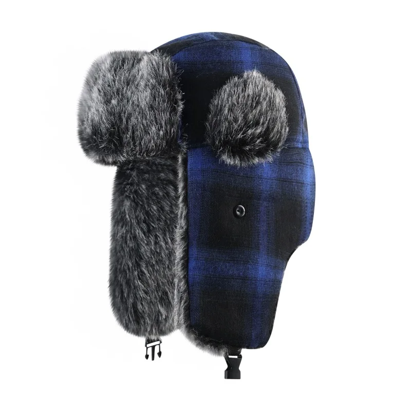 Winter Plaid Outdoor Thickened Lei Feng Cap Fashion Ski Cap Warm Ear Protection Hat Riding Mountaineering Cotton Cap