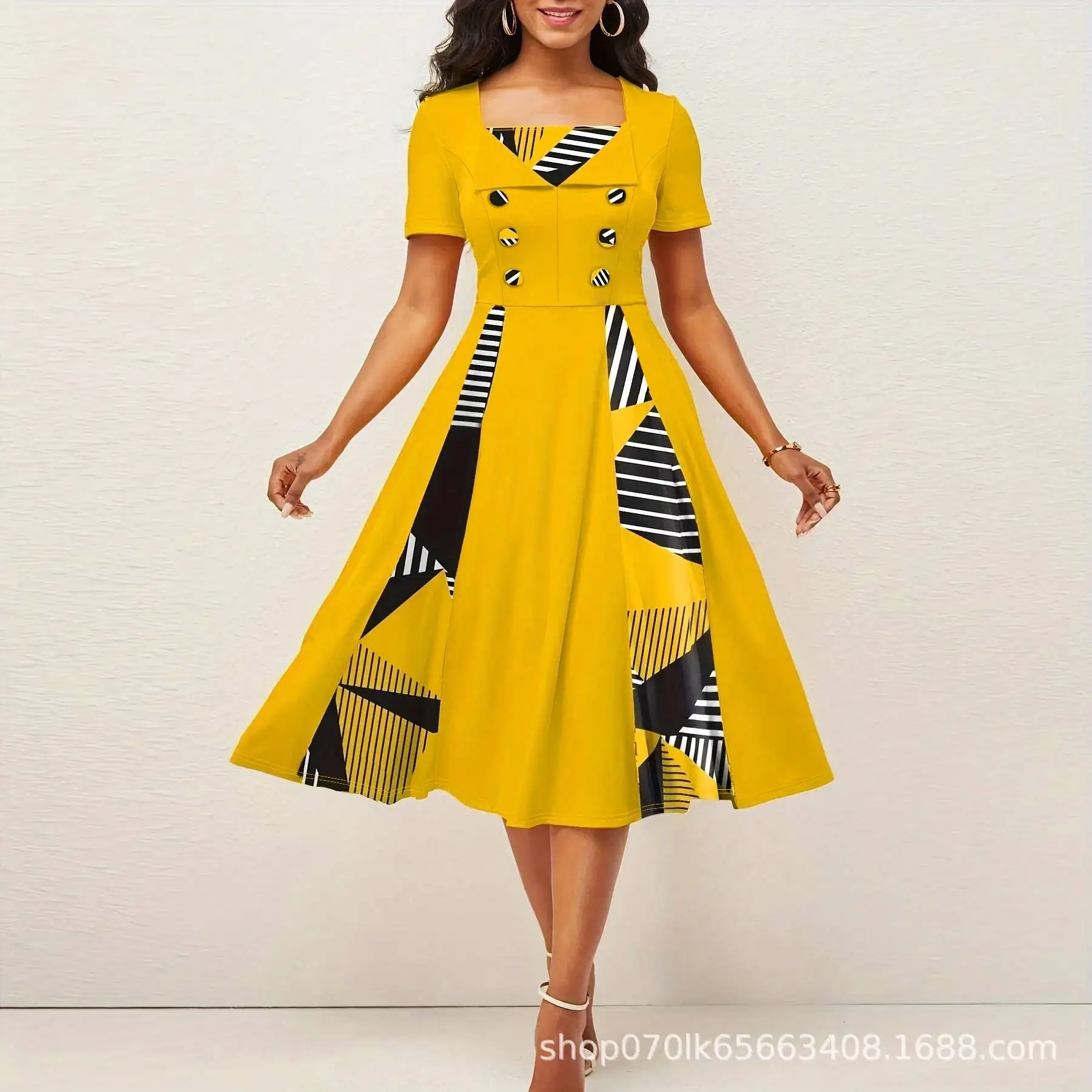 

Casual Light Women's Spring/summer Mature Style Yellow Black Printed A-line Skirt Commuting Medium Length Skirt Casual Y2k