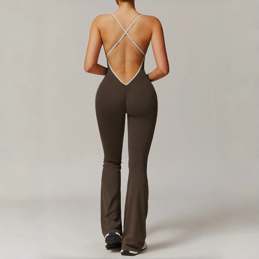 

New Seamless Yoga Jumpsuit Sports Fitness Peach Hip Flared Trousers Backless One-piece Workout Clothing Gym Bodysuit for Women