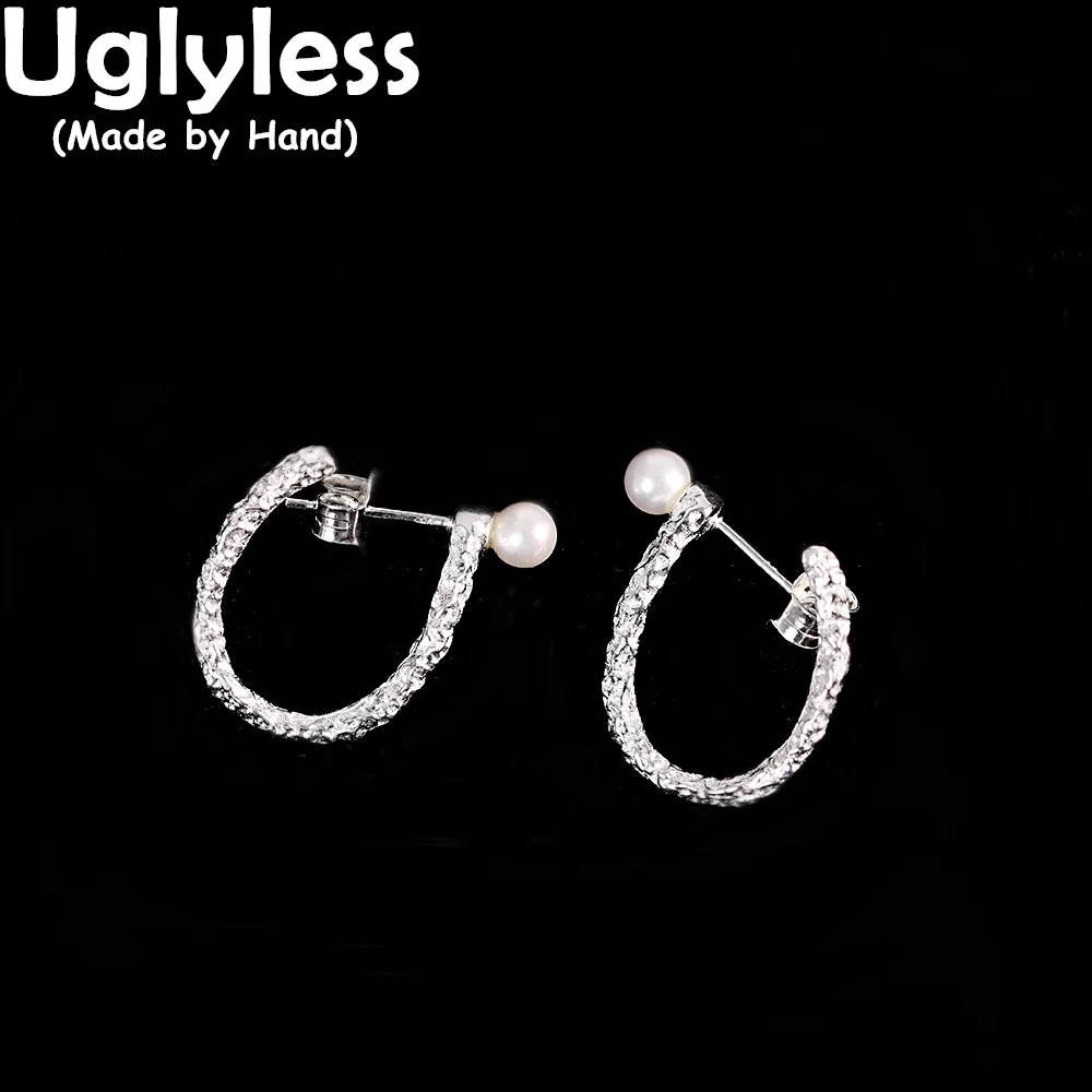 Uglyless Cool Rough Surface U Letter Studs Earrings Women Natural MINI Pearls Earrings Real 925 Sterling Silver Brincos Bijoux