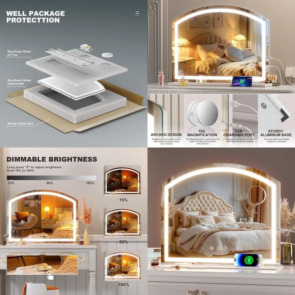 Beleuchteter gewölbter Kosmetikspiegel, 24 x 20 LED-Schminkspiegel mit 10-facher Vergrößerung, USB-Aufladung, dreifarbiges dimmbares Licht