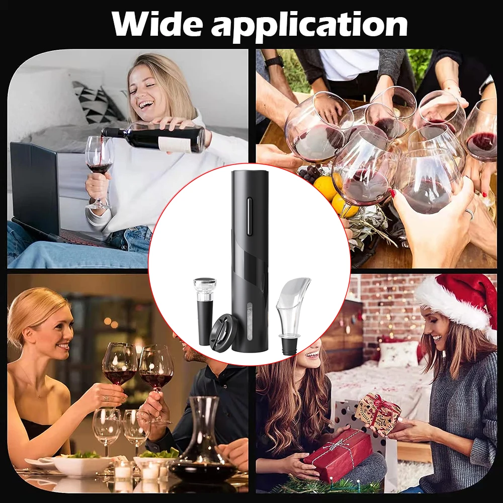 전기 와인 오프너 통풍기 푸어러 호일 커터가있는 자동 코르크 따개 주방 바 파티를위한 원 클릭 버튼 배터리 오프너