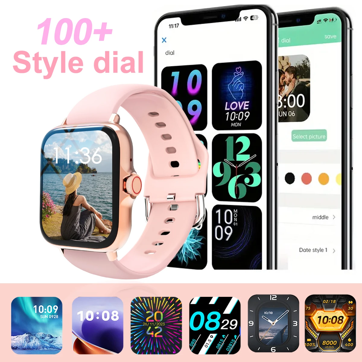 ساعة ذكية، مكالمات لاسلكية/موسيقى لاسلكية، تذكير بالرسائل، ورق جدران مخصص ووظائف أخرى، للجنسين #3