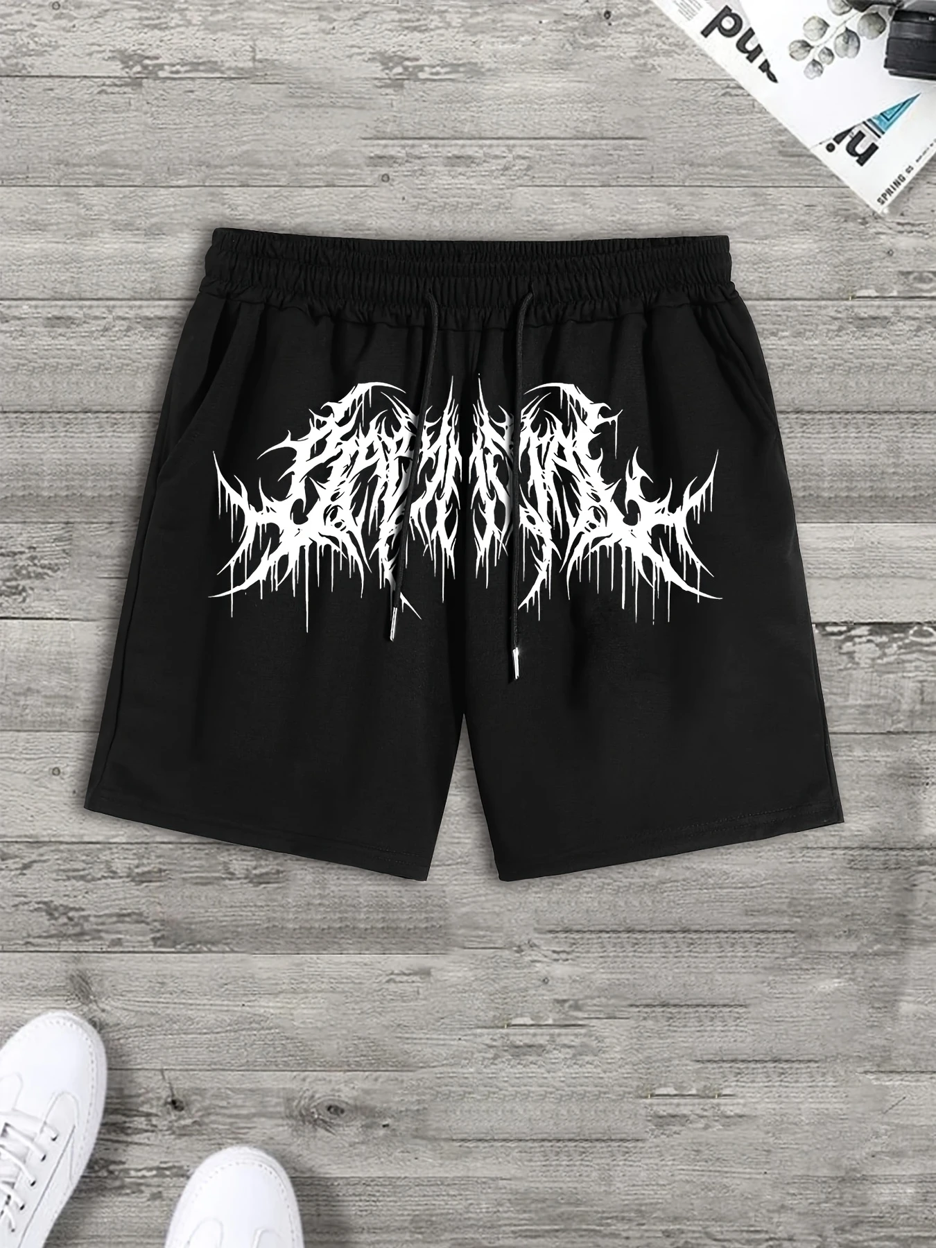 Extreme Metal Style Dark Letter Print Shorts Men'S American High Street Loose Sweatpants