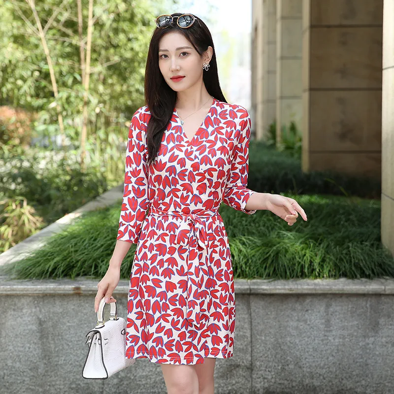 Pg 2024 Summer new elegant graceful slim-fit slimming red leaves printed dress women