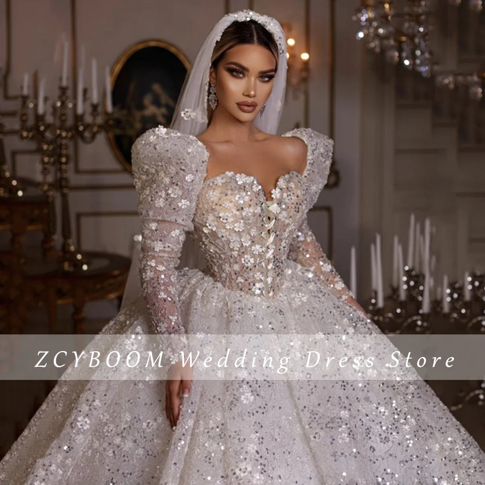 Customized Sweetheart Flowers Long Sleeves Bow White Princess Wedding Dress 2024 Ball Gown Floor Length Sweep Train Bridal Gown