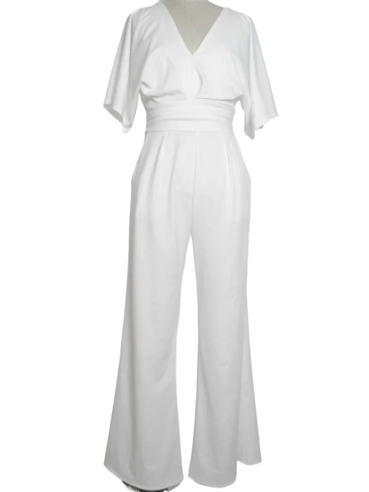 Winter Solid Color Deep V-neck Half Sleeves High Waist Wide Leg Jumpsuit With Pockets