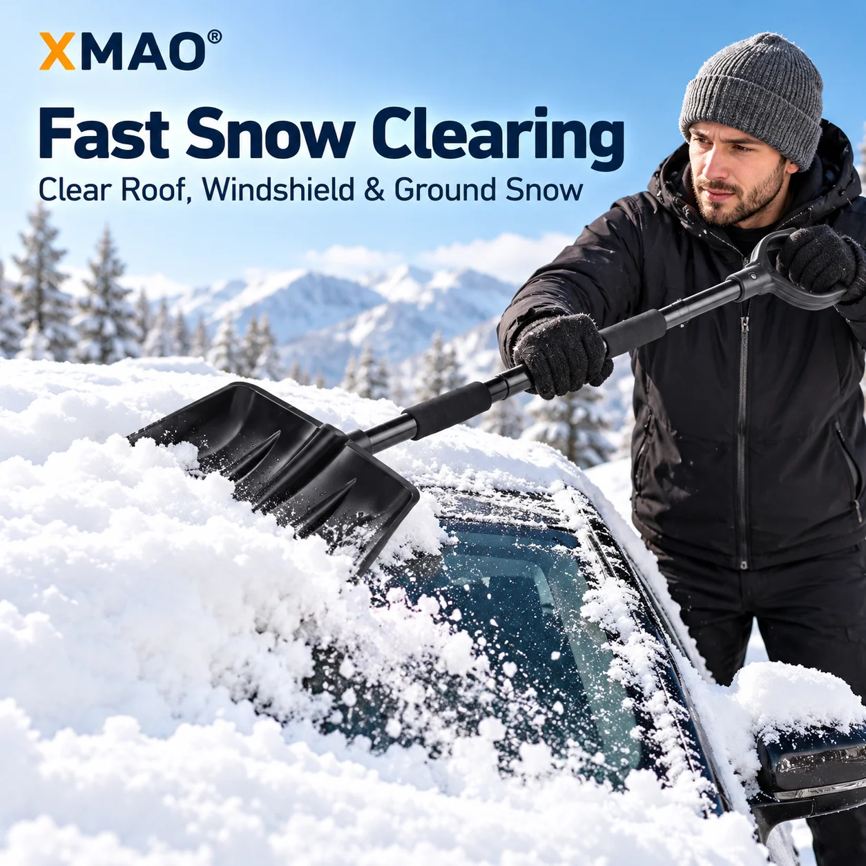 3-in-1 Car Snow Brush Shovel Ice Scraper, Adjustable Stainless Steel Pole Detachable Winter Snow Removal Tool for SUV Truck