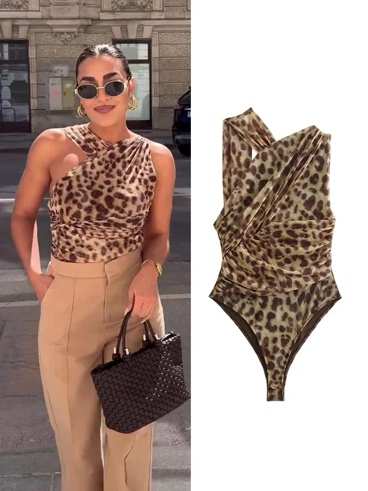 Frauen Bodysuit Leopard ärmellose Sex Rüschen Falten asymmetrische schlanke Stram pler Frauen 2024 Sommer Strand Overalls weibliche Bodys