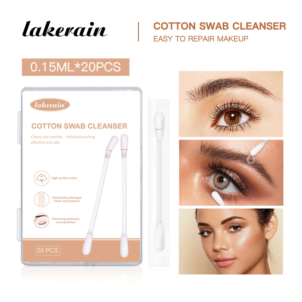 20Pcs/box Cotton Swab Cleaner Portable Cleaning Liquid for Eyelash Lifting Brow Lamination Lash Clean Tool Individual Package