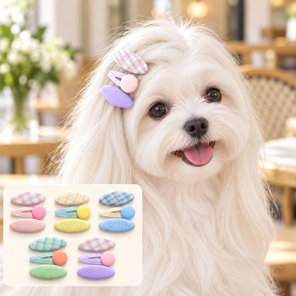 3Pcs Dog Hair Clips Set Pastel Plaid Fabric Barrettes Round Button Pet Hairpins Cute Grooming Accessories for Small Haired Dogs