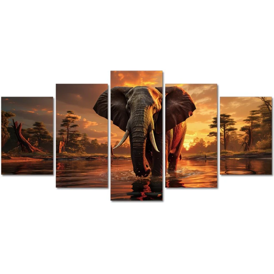 

5-компонентные дикие слоны, животные, наборы для алмазной живописи, алмазная вышивка, мозаика, закат, озеро, пейзаж для гостиной, домашний декор