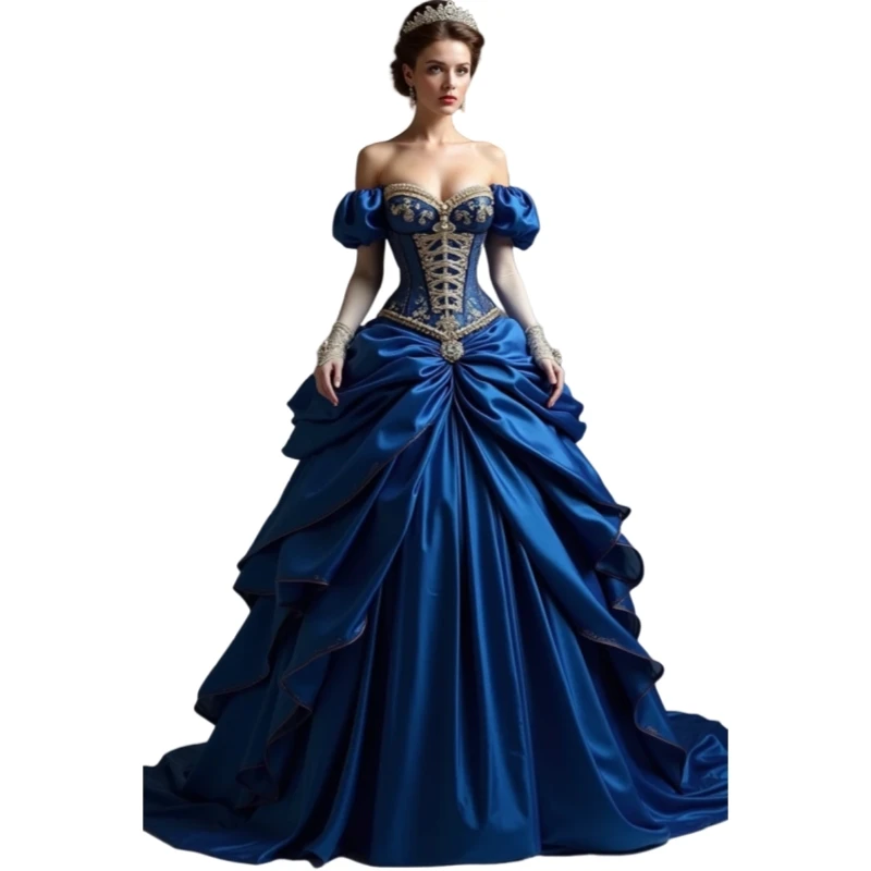 Viktorianisches Vintage-Abschlussballkleid mit Rüschen, blaues Satin-Korsett, historisches Kostüm, individuelles Damen-Maskeradekleid