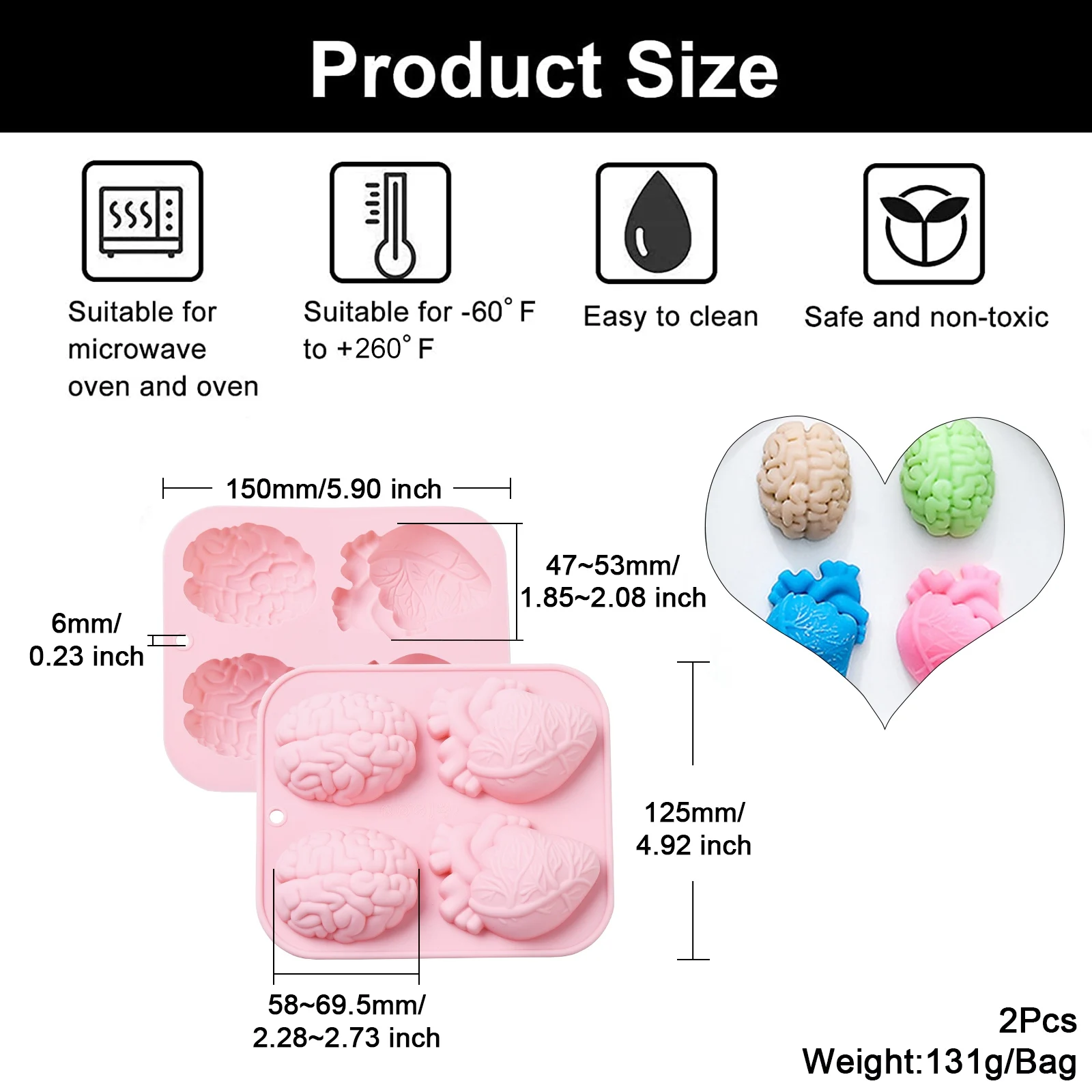 Pandahall 2Pcs Pink Heart and Brain Silicone Molds Body Organ Shape Bloody Halloween Molds for Chocolate Dessert Decor Baking