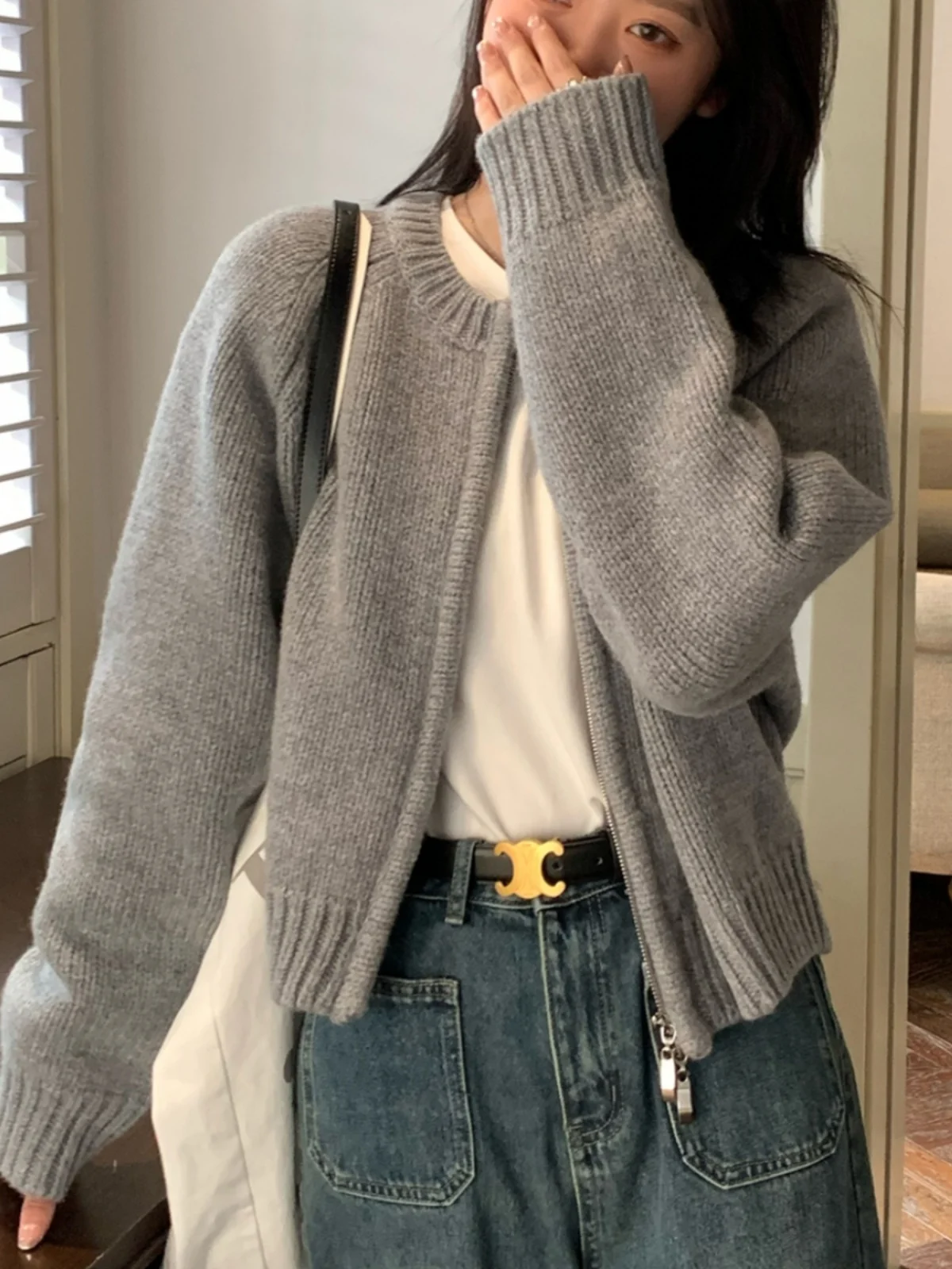

Trendy Orange Zipper Knitted Sweater Coat Women's Spring Autumn Loose Lazy Sle ort Knitted Outerwear round Ne Long Sve