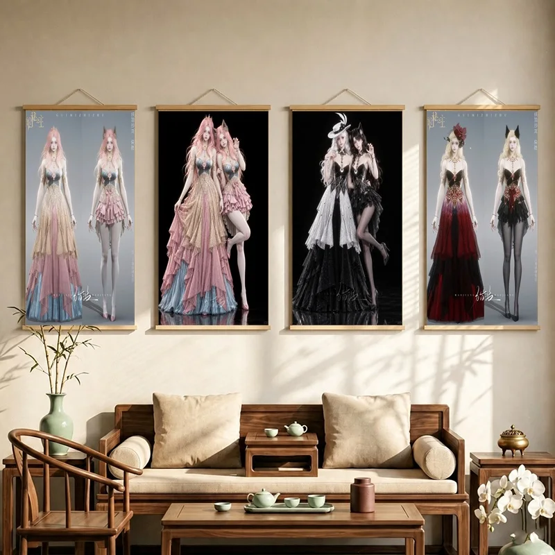 Lord of Mysteries Hanging Scroll with Full-Length Anime Women in Ornate Dresses and Contrasting Tones for a Bedroom