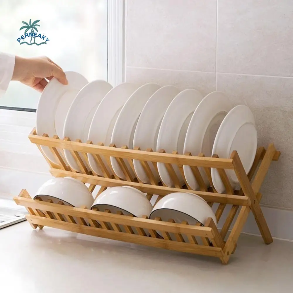 

Durable 2 Tier Folding Dish Rack Retro Bamboo Dish Drying Rack Natural Collapsible Drying Holder Kitchen