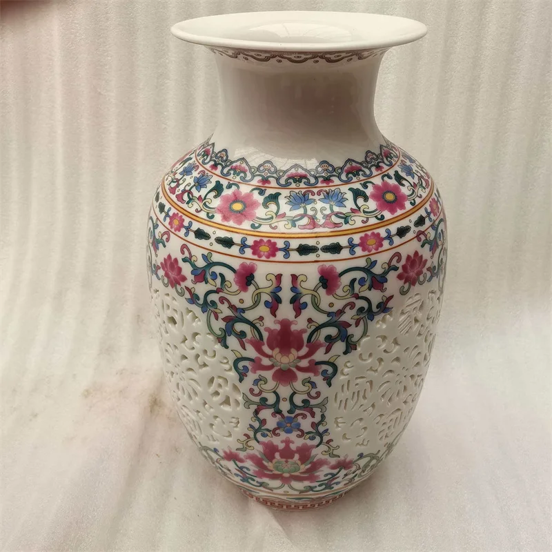 Chinese Old Porcelain Vase Lucky Pattern round Shoulder Enamel Colors Hollow Asian Decor Collectible