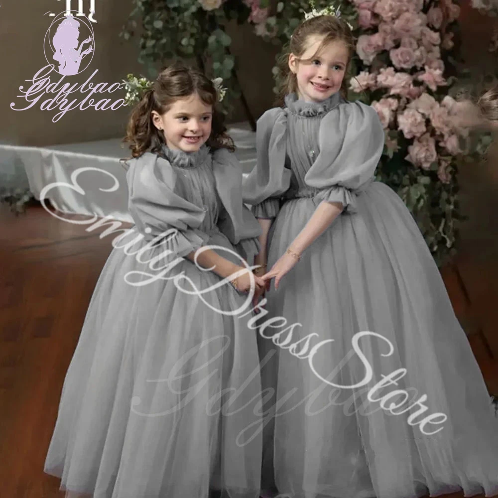 Grey Blue Flower Girl Dress For Wedding Tulle Puffy Pleated High Neck Long Style Kids Birthday Gowns Luxury Princess Dress