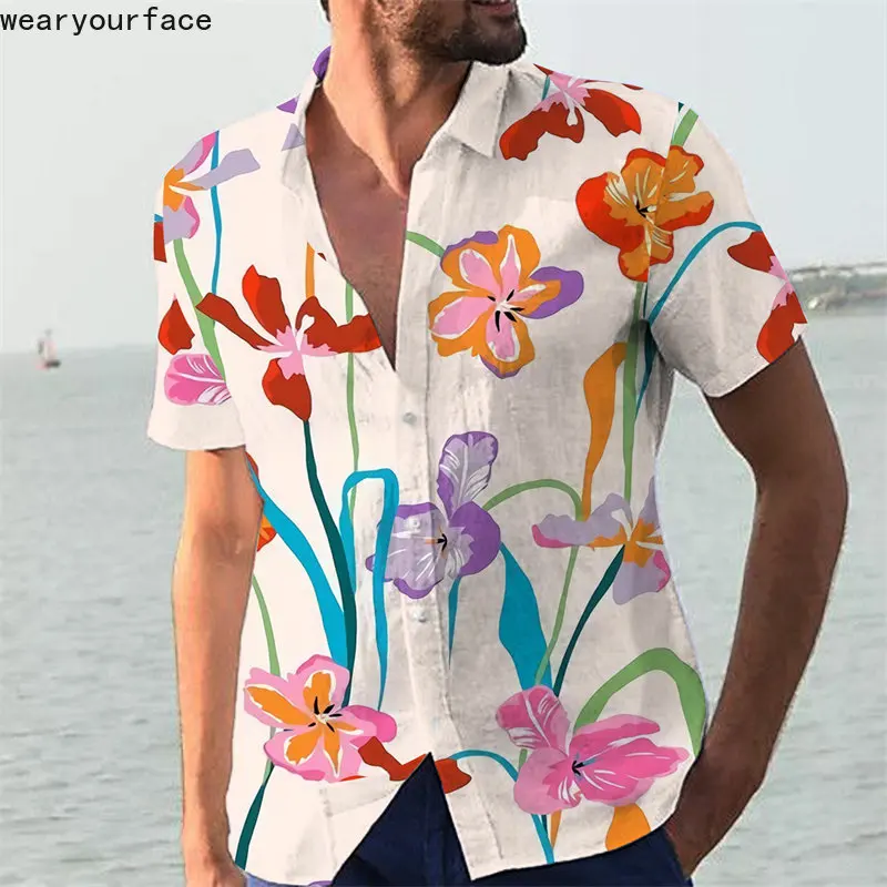 

Florals Dress Shirts Printed Hawaiian Palm Tree Flowers Graphics Buttons Short Sleeve Thin Streetwear Beach Casual Men Clothing