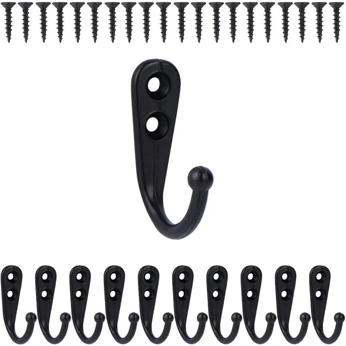 10Pcs Black Small Hooks Wall Mounted with 20Pcs Screws for Hanging Bag Robe Towels Keys Save Space