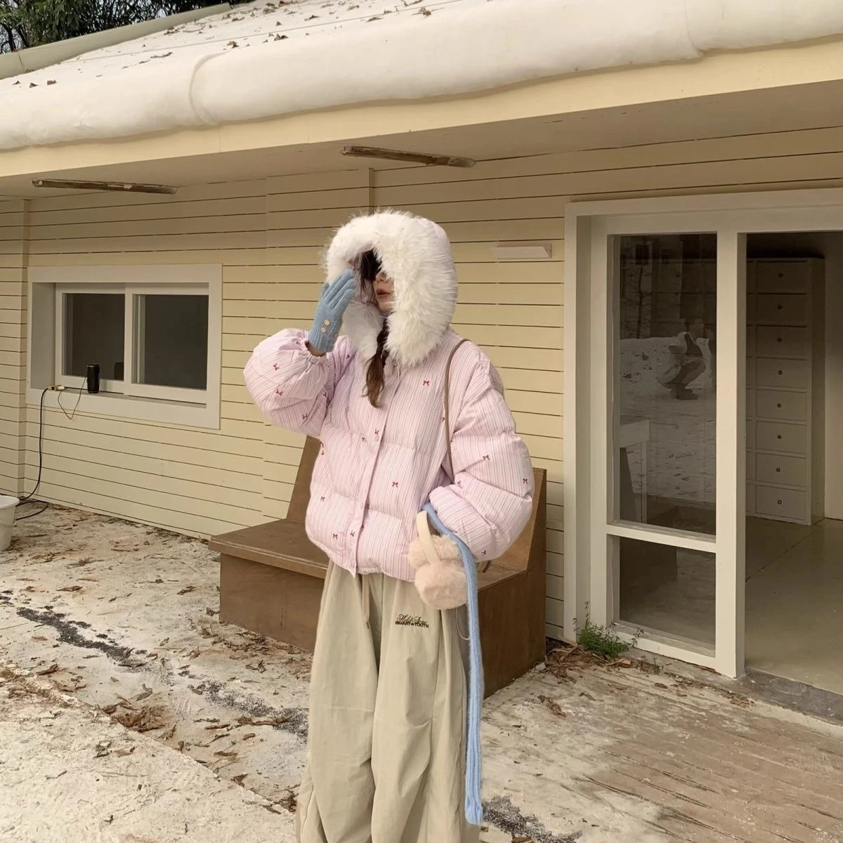 New Fur Collar Korean Striped Cotton Jacket Bow Winter Hooded Cropped Bread Jacket Thickened Warm Cotton Jacket