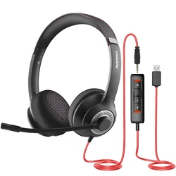 JIAMQISHI USB Headset PC Computer Headphones with Noise Cancelling MIC in-line Control for Home Office Online Class Skype Zoom