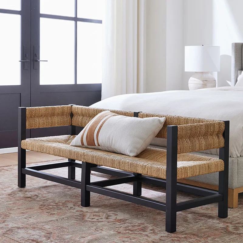 

Long solid wood rattan sofa clothing store rest modern simple log retro homestay courtyard furniture art chair